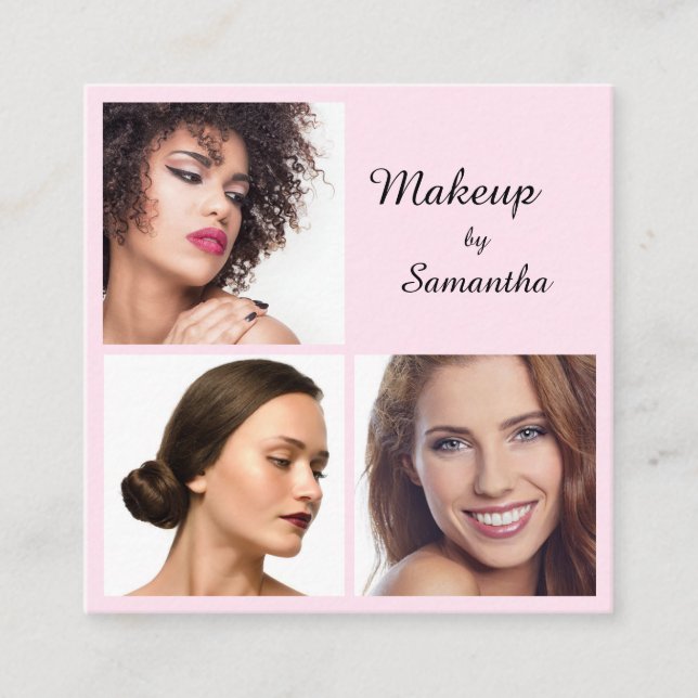 Elegant Blush Pink Black Script 3 Photo QR Makeup Square Business Card (Front)