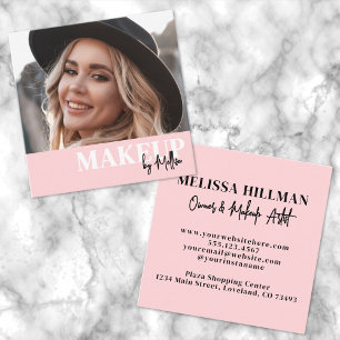 Elegant Blush Pink Black Script Photo Makeup Square Business Card