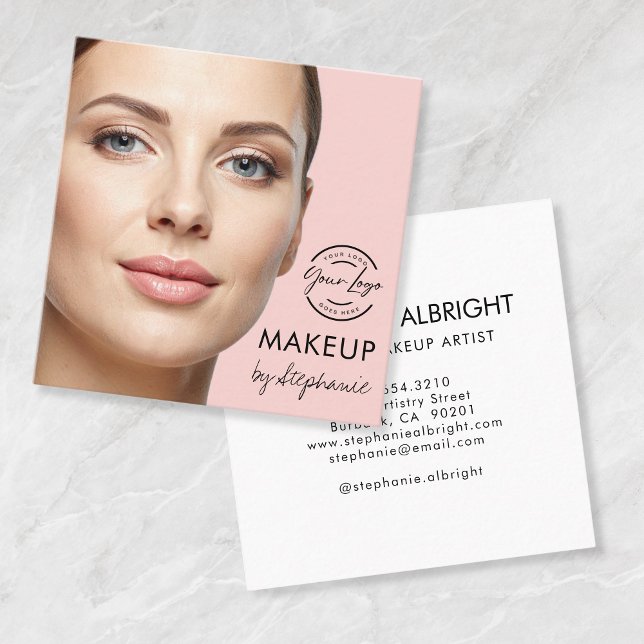 Elegant Blush Pink Black Script Photo Makeup Square Business Card (Creator Uploaded)