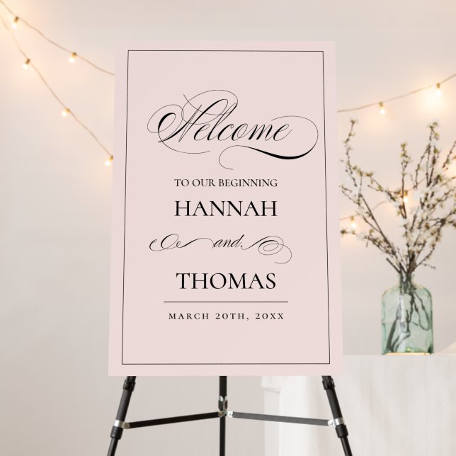 Elegant Blush Pink Black Wedding Welcome Sign (In Situ (Stand))