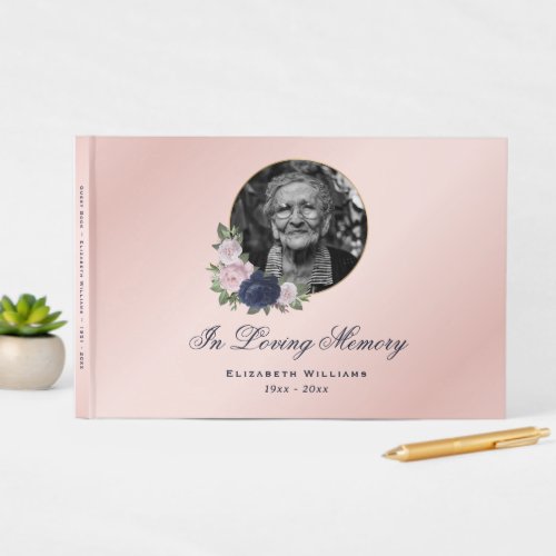 Elegant Blush Pink Blue Floral Funeral Photo Guest Book