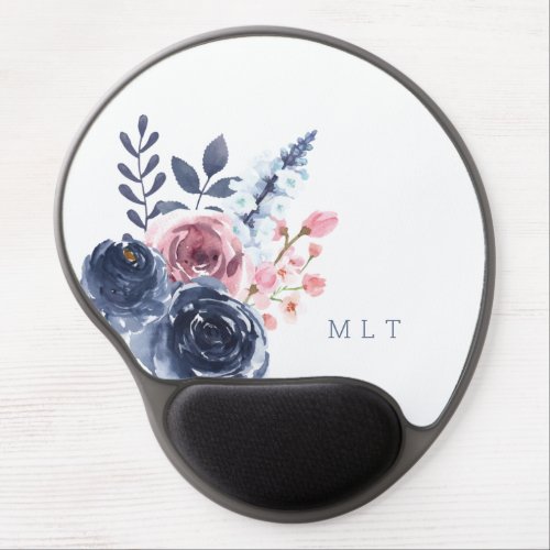 Elegant Blush Pink Blue Floral Watercolor Monogram Gel Mouse Pad