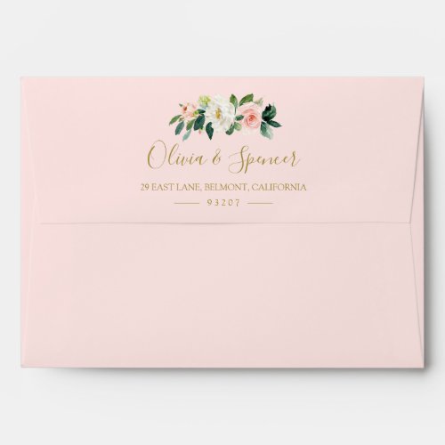 Elegant Blush Pink Blush Floral Wedding Flowers Envelope - A pink blush 5x7 pretty and elegant envelope with pink and ivory white flowers, greenery and foliage.
Modern botanical floral wedding envelope features a bouquet of soft pastel watercolor roses, and peonies in shades of blush pink, emerald green, ivory white, with lush green foliage leaves. 
This leafy blush pink flower design is fully customizable, personalize the gold text address on the back flap. Ivory, white and pink blush neutral botanical flowers and foliage wedding script invites are popular for Spring and Summer 2019.
