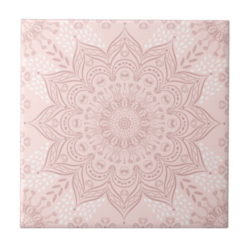 Elegant Blush Pink Boho Mandala Ceramic Tile