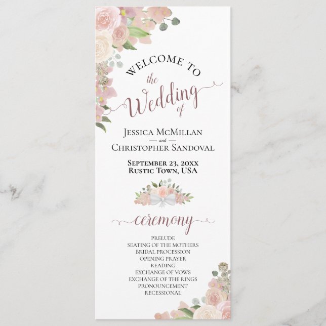 Elegant Blush Pink Boho Watercolor Floral Wedding Program (Front)