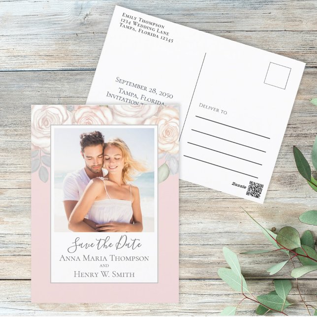 Elegant Blush Pink Bouquet Save the Date Photo Postcard (Creator Uploaded)