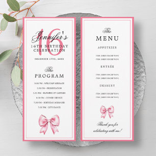 Elegant Blush Pink Bow 16th Birthday Program Menu