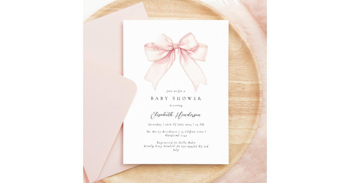 Elegant Blush Pink Bow Baby Shower Invitation | Zazzle