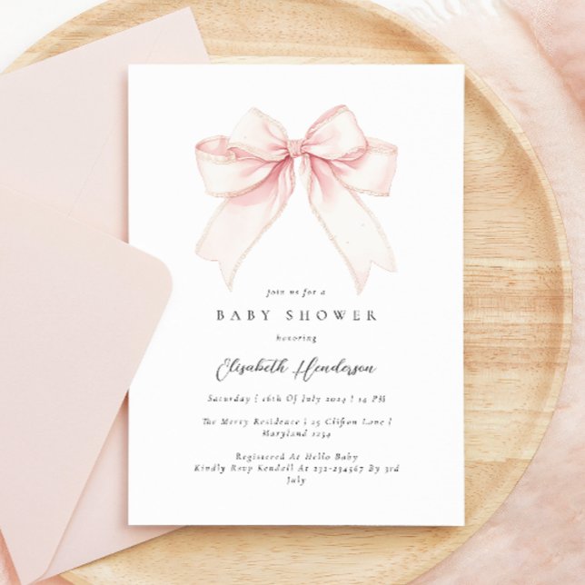 Elegant Blush Pink Bow Baby Shower Invitation (Creator Uploaded)