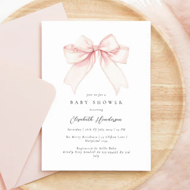 Elegant Blush Pink Bow Baby Shower Invitation | Zazzle