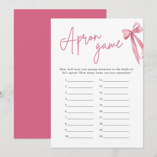 Elegant Blush Pink Bow Bridal Shower Apron Game Invitation (Front/Back)