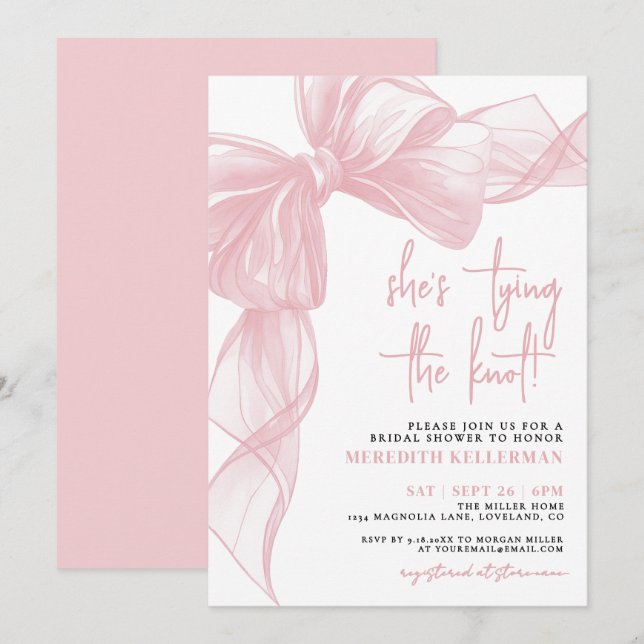 Elegant Blush Pink Bow Bridal Shower Invitation (Front/Back)