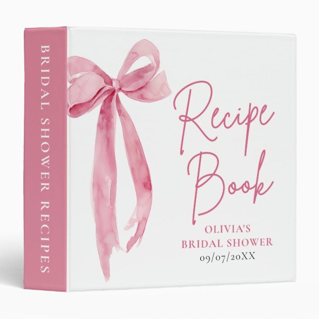 Elegant Blush Pink Bow Bridal Shower Recipe Book 3 Ring Binder (Front/Spine)