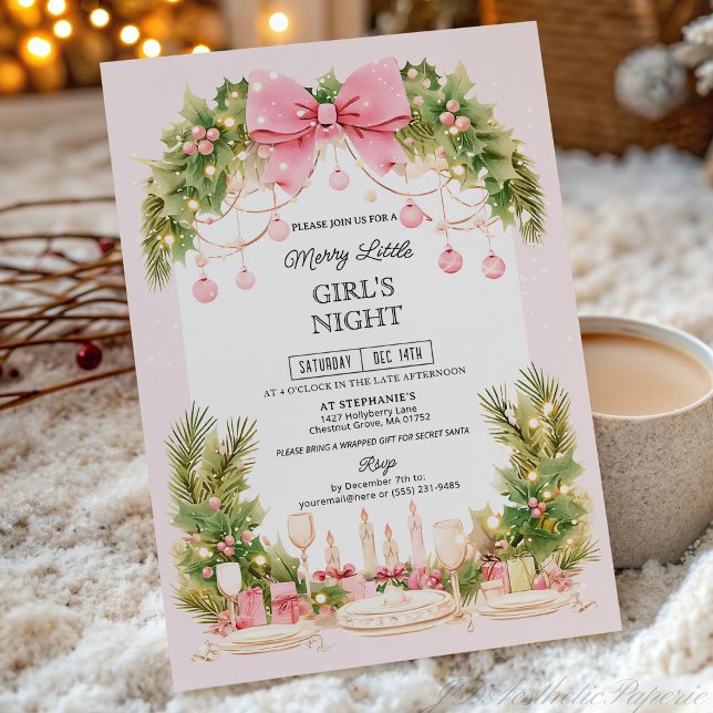 Elegant Blush Pink Bow Christmas Girls Night  Invitation (Creator Uploaded)