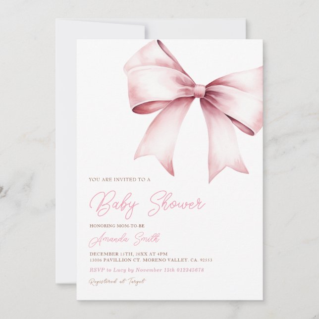 Elegant Blush Pink Bow Coquette Girl Baby Shower Invitation (Front)