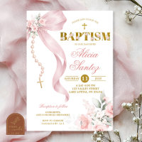 Elegant Blush Pink Bow Coquette Rosary Baptism Inv
