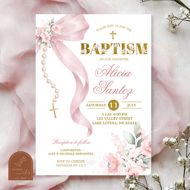 Elegant Blush Pink Bow Coquette Rosary Baptism Inv Invitation (Creator Uploaded)