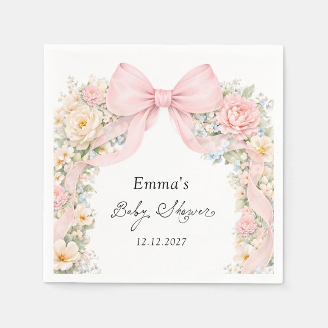 Elegant Blush Pink Bow Floral Baby Shower Napkins (Front)