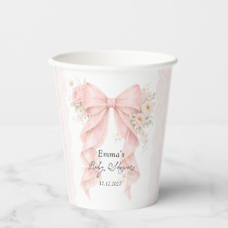 Elegant Blush Pink Bow Floral Baby Shower Paper Cups