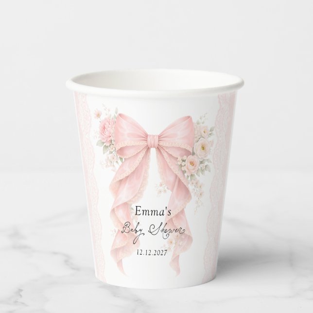 Elegant Blush Pink Bow Floral Baby Shower Paper Cups (Front)