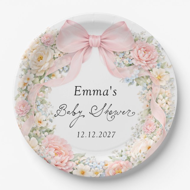 Elegant Blush Pink Bow Floral Baby Shower Paper Plates (Front)