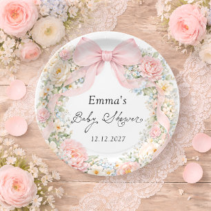 Elegant Blush Pink Bow Floral Baby Shower Paper Plates