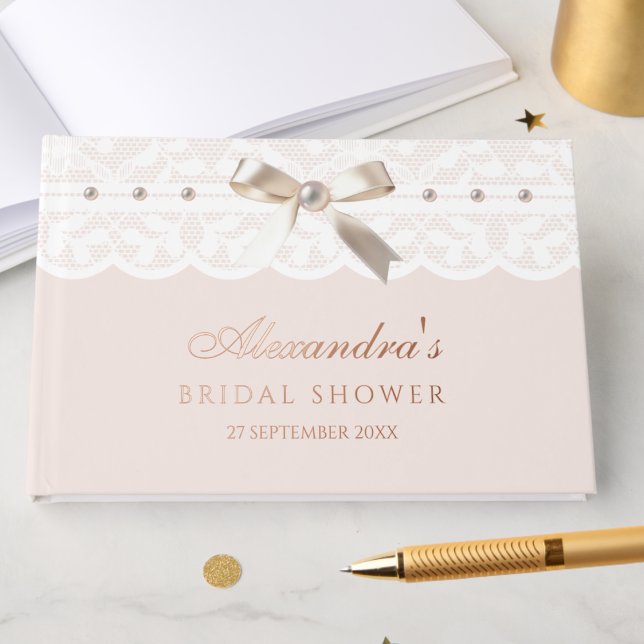 Elegant Blush Pink Bow Lace Bridal Shower Foil Guest Book (Creator Uploaded)