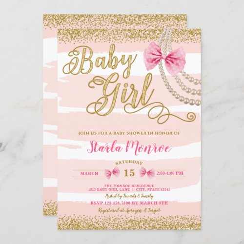 Elegant Blush Pink Bow Pearl Girly Baby Shower Invitation