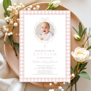 Elegant Blush Pink Bow Photo Girl Baptism Invitation