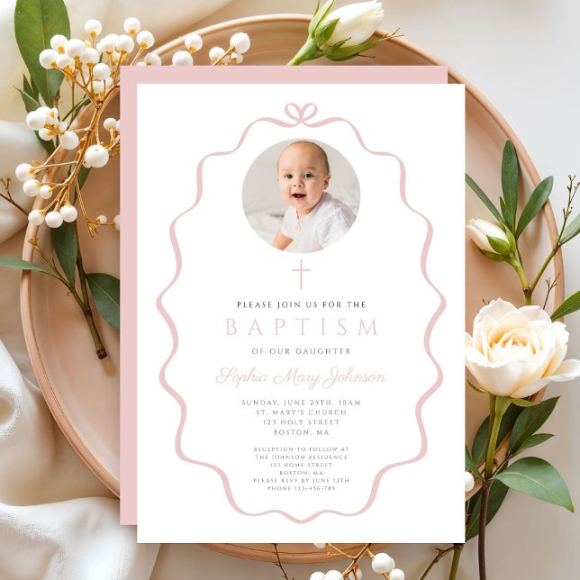 Elegant Blush Pink Bow Photo Girl Baptism Invitation (Elegant Blush Pink Bow Photo Girl Baptism Invitation)