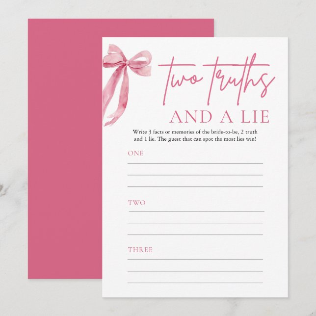Elegant Blush Pink Bow Two Truths and a Lie Game Invitation (Front/Back)