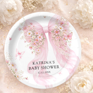 Elegant Blush Pink Bow Wildflower Baby Shower Paper Plates