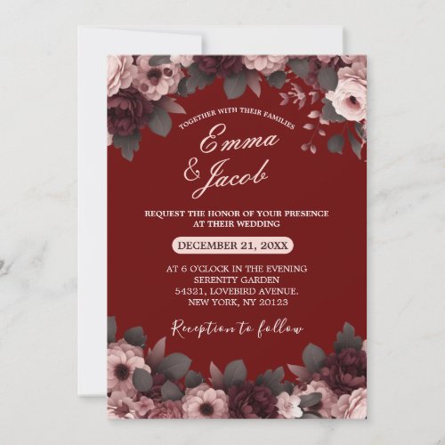 Elegant Blush Pink Burgundy Boho Floral Wedding Invitation