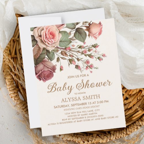Elegant Blush Pink Burgundy Floral Baby Shower Invitation