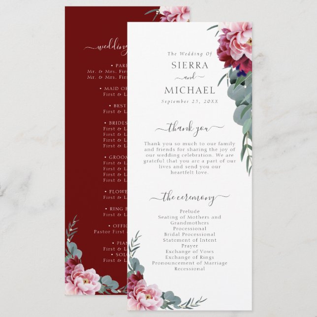 Elegant Blush Pink Burgundy Floral Foliage Wedding Program (Front/Back)