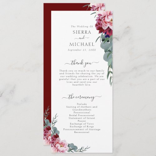 Elegant Blush Pink Burgundy Floral Foliage Wedding Program