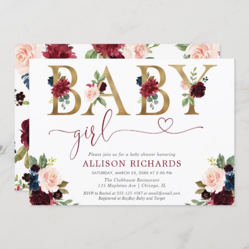 Elegant blush pink burgundy floral girl baby invitation