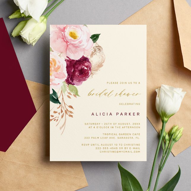 Elegant blush pink burgundy flowers bridal shower invitation (Creator Uploaded)