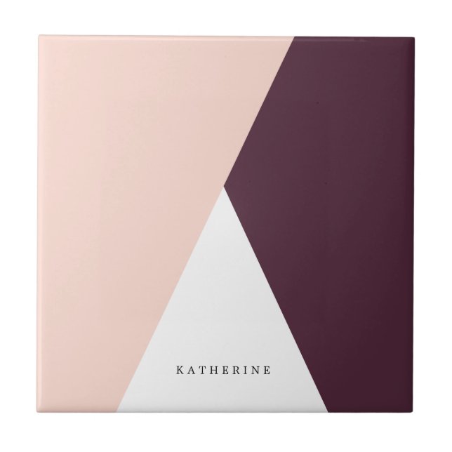 Elegant blush pink & burgundy geometric triangles ceramic tile (Front)