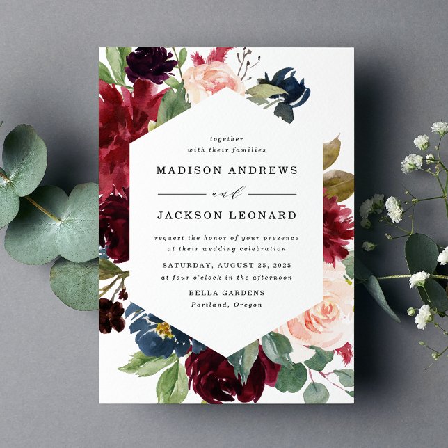 Elegant Blush Pink Burgundy Navy Floral Wedding Invitation (Creator Uploaded)