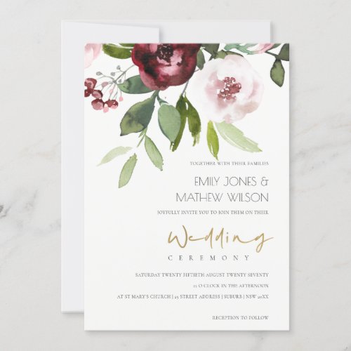 ELEGANT BLUSH PINK BURGUNDY PEONY FLORAL WEDDING INVITATION