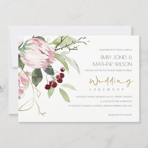 ELEGANT BLUSH PINK BURGUNDY PROTEA FLORAL WEDDING INVITATION