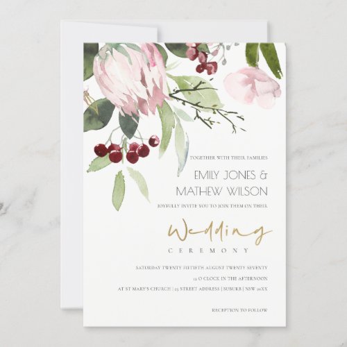 ELEGANT BLUSH PINK BURGUNDY PROTEA FLORAL WEDDING INVITATION