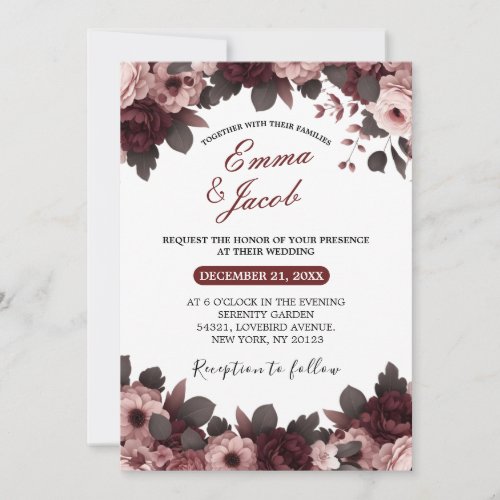 Elegant Blush Pink Burgundy Rose Boho Wedding Invitation