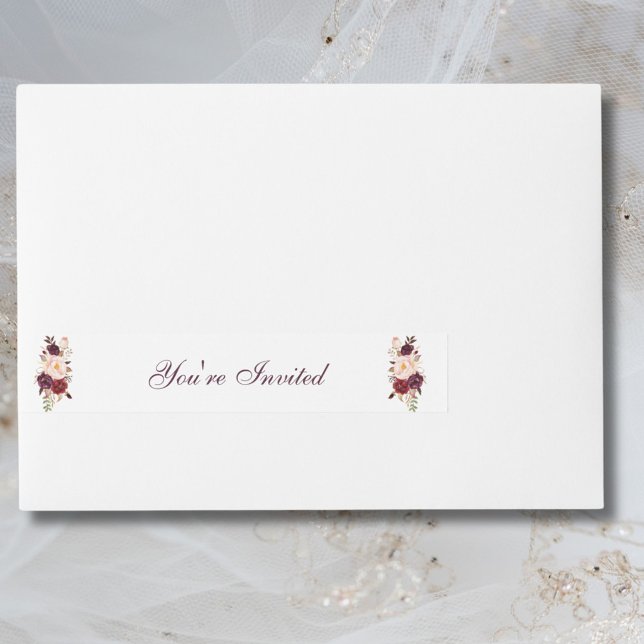 Elegant Blush Pink & Burgundy Rose Bouquet Wedding Wrap Around Address Label (Creator Uploaded)