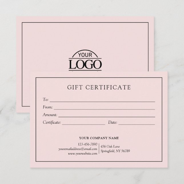 Elegant Blush Pink Business Gift Certificate Logo (Front/Back)