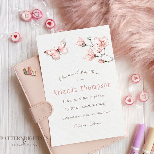 Elegant Blush Pink Butterfly Floral Baby Shower Invitation
