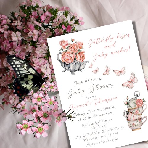 Elegant Blush Pink Butterfly Kiss Floral Tea Party Invitation