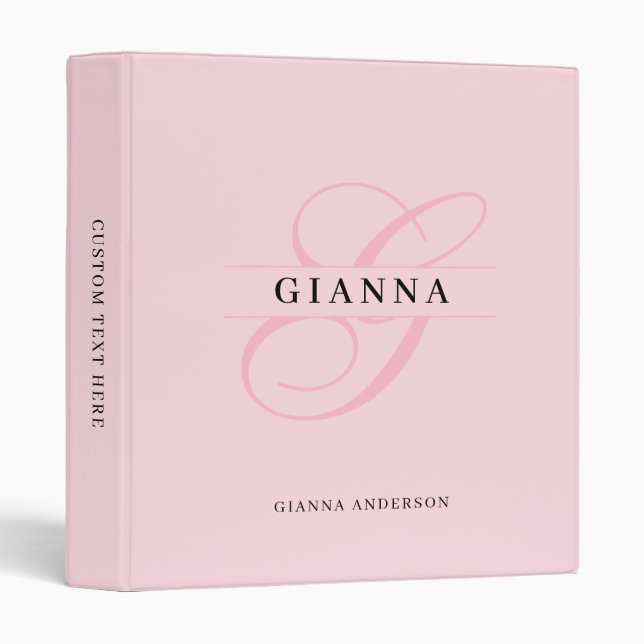 Elegant Blush Pink Calligraphy Split Monogram 3 Ring Binder (Front/Spine)