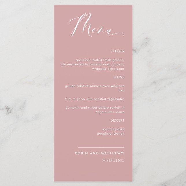 Elegant Blush Pink Calligraphy Wedding Menu (Front)